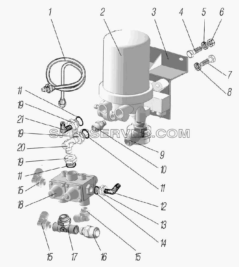 Установка влагомаслоотделителя и 4-х контурного защитного клапана для Урал-55571-1121-70 (список запасных частей)