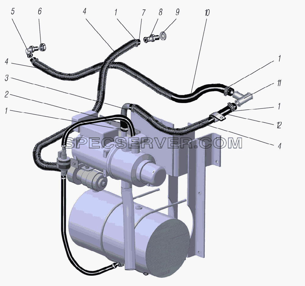 Трубопроводы и шланги системы предпускового подогрева двигателя для Урал-6370-1121 (список запасных частей)
