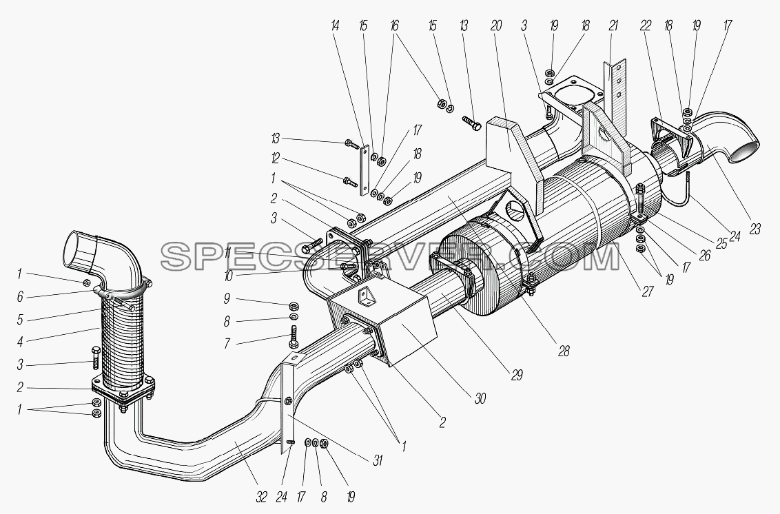 Система выпуска газов с обогревом кузова для Урал-6370-1121 (список запасных частей)