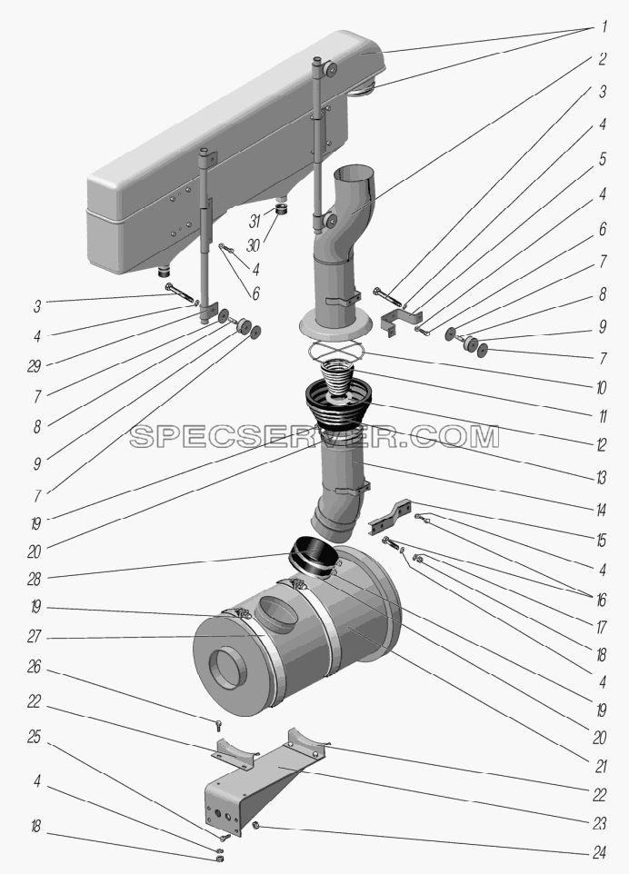 Установка воздушного фильтра и воздухозаборной трубы для Урал-63704 (список запасных частей)