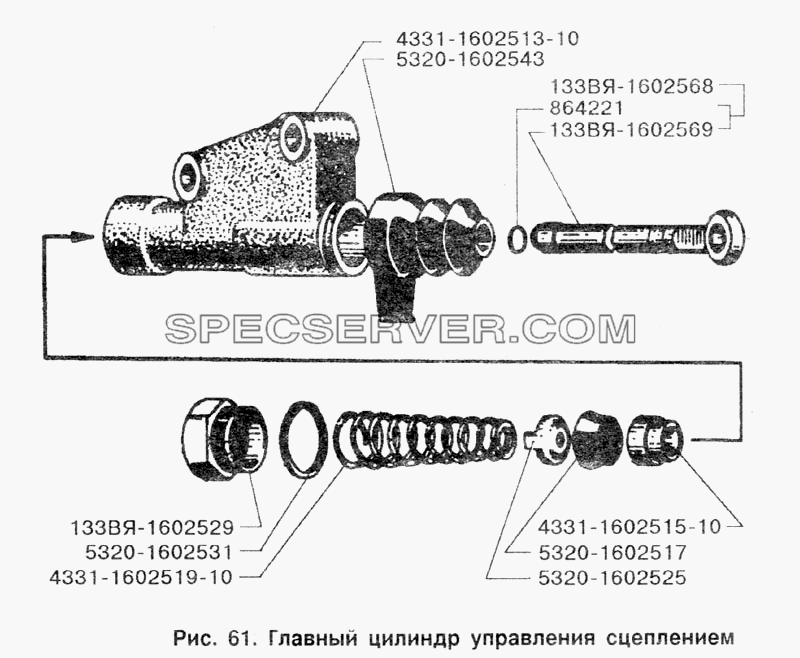 Главный цилиндр управления сцеплением для ЗИЛ-133Г40 (список запасных частей)