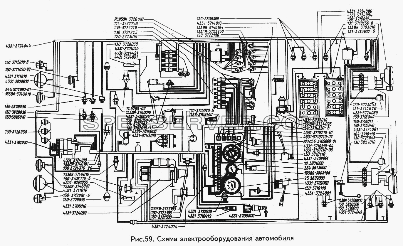 Схема электрооборудования автомобиля для ЗИЛ 433100 (список запасных частей)