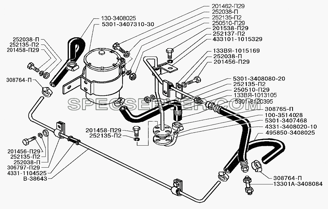 Установка трубопроводов гидроусилителя руля для ЗИЛ-5301 (2006) (список запасных частей)