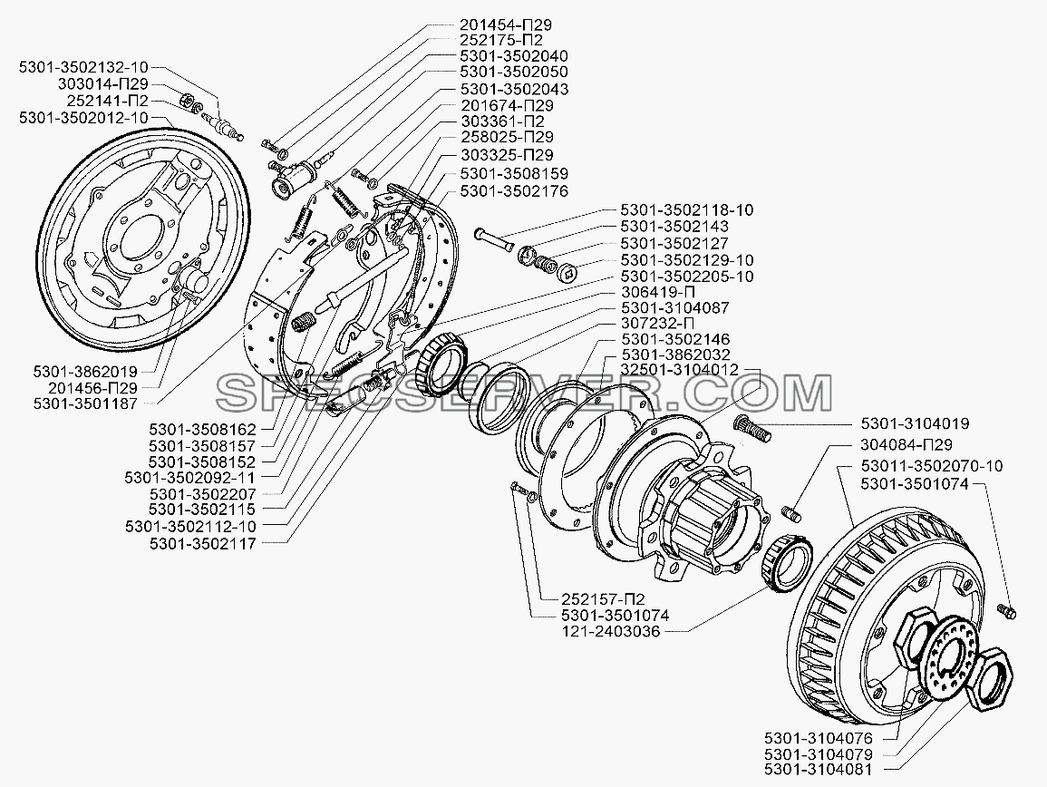 Тормозной механизм и ступица заднего колеса (с автоматическим регулятором зазора) для ЗИЛ-5301 (2006) (список запасных частей)