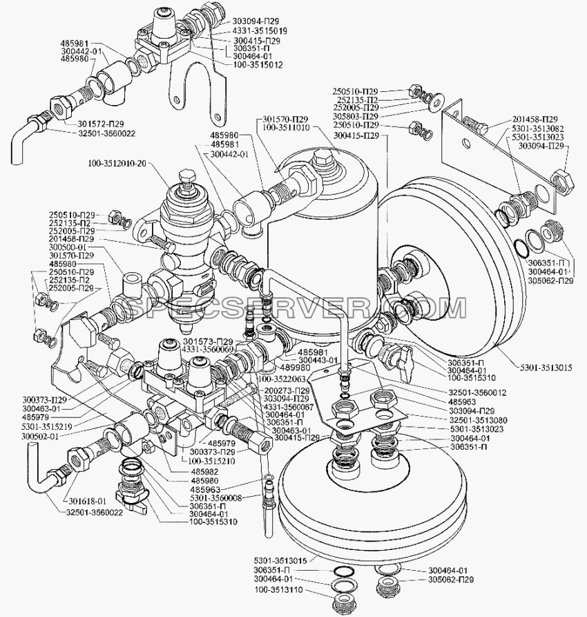 Установка контрольно-предохранительной аппаратуры пневматического привода тормозов для ЗИЛ-5301 (2006) (список запасных частей)