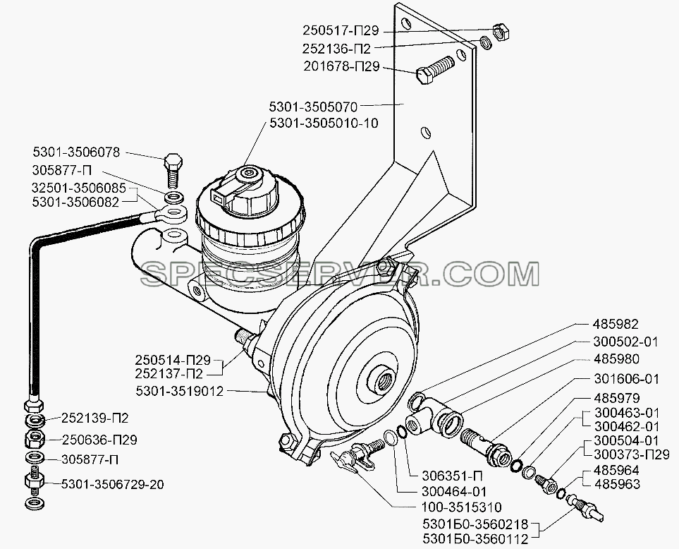 Установка однополостной пневмокамеры и главного цилиндра гидропривода на автомобиль ЗИЛ-5301 для ЗИЛ-5301 (2006) (список запасных частей)